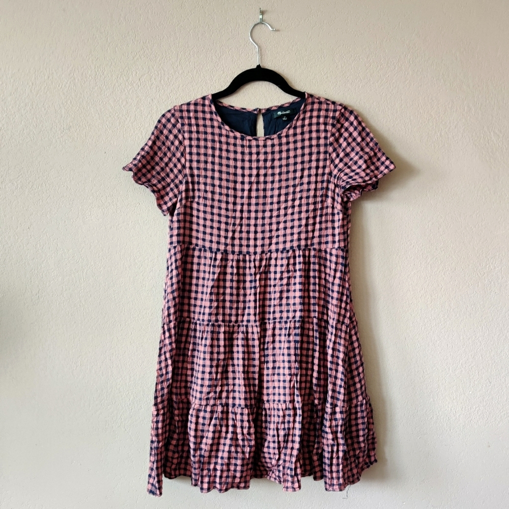 Short-Sleeve Tiered Mini Dress in Gingham Check
